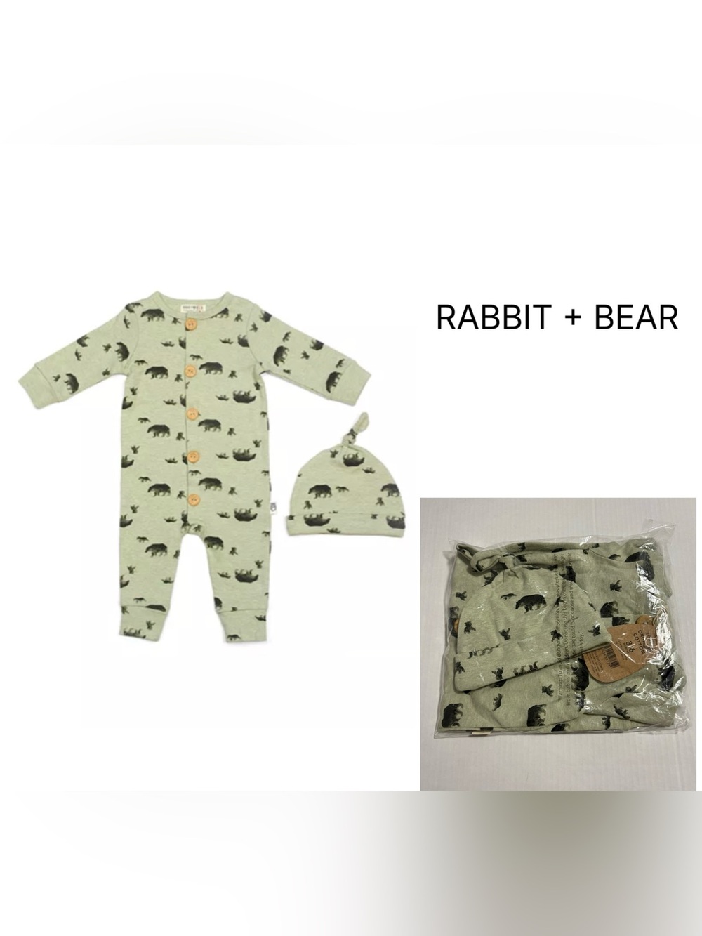 RABBIT + BEAR ORGANIC - 3/6M - NWT - INFANT BOYS 2PC WOODLAND BEAR COVERALL SET